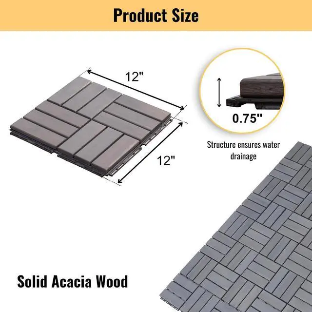 Alt view image 3 of 7 - 30PCS Wooden Interlocking Deck Tiles,12" x 12" Square Floor Tiles, Modular Acacia Hardwood Patio Flooring Mats Outdoor Waterproof,Garage Floor Tiles for Bancony,Pool Side,Checker Pattern,Gray