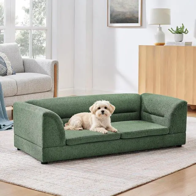 Alt view image 6 of 7 - Elevated Large Dog Bed with 2 Removable Cushion, Olive Green | Raised Pet Sofa with Washable Cushion Cover, Furniture Style Linen Fabric Dog Couch for Large Dogs, 100lbs Load Capacity