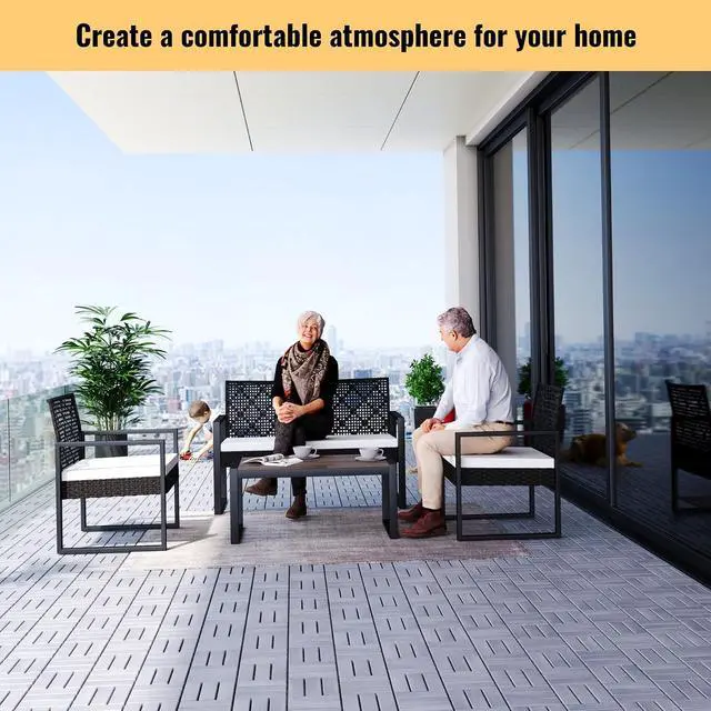 Alt view image 5 of 7 - 30PCS Wooden Interlocking Deck Tiles,12" x 12" Square Floor Tiles, Modular Acacia Hardwood Patio Flooring Mats Outdoor Waterproof,Garage Floor Tiles for Bancony,Pool Side,Checker Pattern,Gray