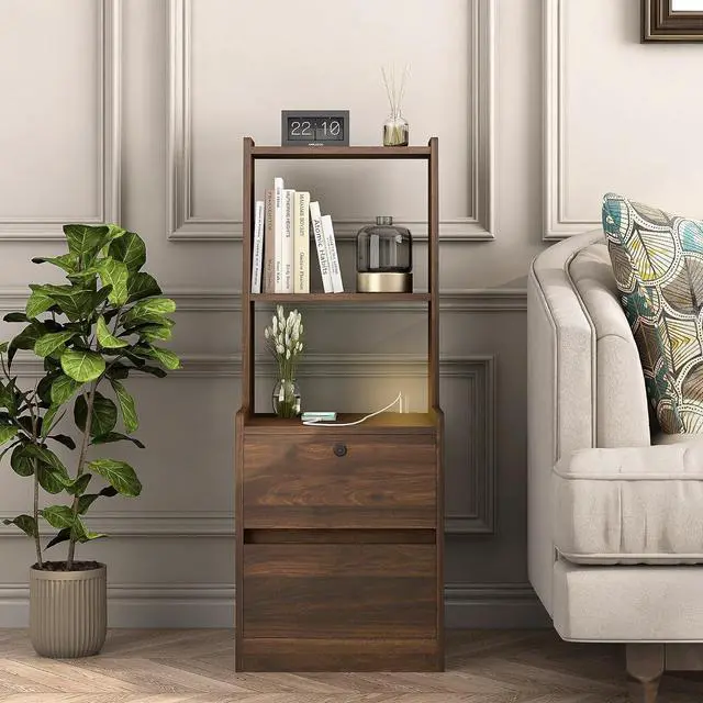 Alt view image 5 of 7 - Tall Nightstand with Charging Station, 41" Walnut Bookshelf Nightstand with Night Light, Bed Bedside Tables with Shelves and Drawers for Bedroom, Dorm, Living Room, Wood
