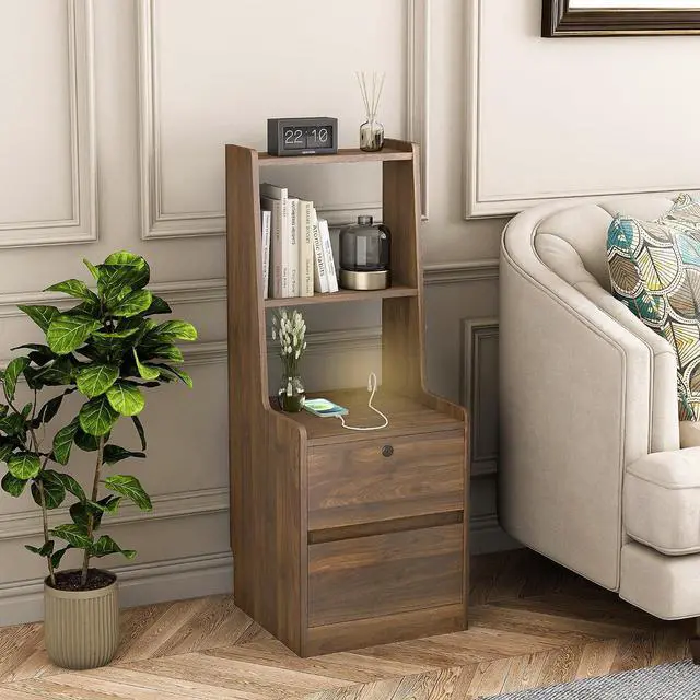 Alt view image 6 of 7 - Tall Nightstand with Charging Station, 41" Walnut Bookshelf Nightstand with Night Light, Bed Bedside Tables with Shelves and Drawers for Bedroom, Dorm, Living Room, Wood