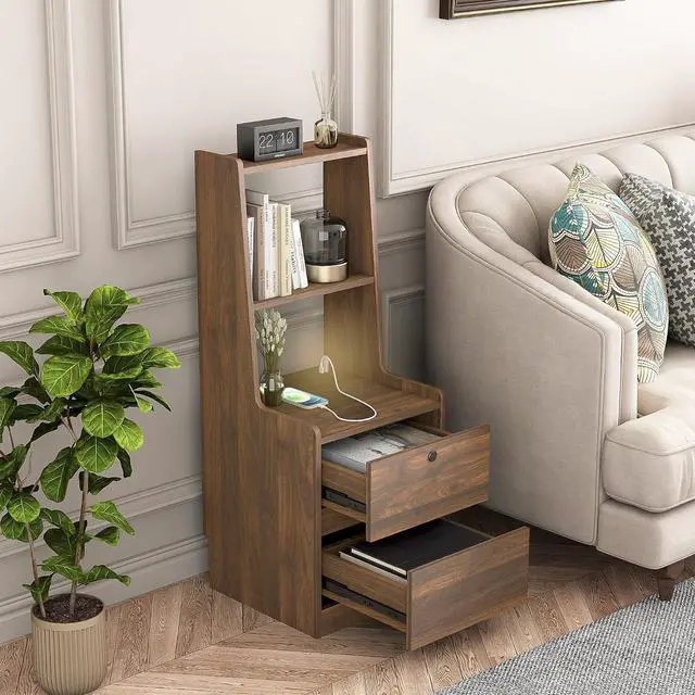 Alt view image 7 of 7 - Tall Nightstand with Charging Station, 41" Walnut Bookshelf Nightstand with Night Light, Bed Bedside Tables with Shelves and Drawers for Bedroom, Dorm, Living Room, Wood