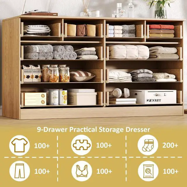 Alt view image 6 of 7 - 55.1" Wide Fluted 10 Drawer Dresser for Bedroom, Natural | Modern Dresser for Closet with Metal Handle, Wooden Chest of Drawers for Bedroom, Living Room, Hallway