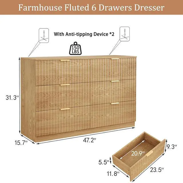 Alt view image 2 of 7 - 47.2" Wide Fluted 6 Drawer Dresser for Bedroom, Natural | Modern Dresser for Closet with Metal Handle, Wooden Chest of Drawers for Bedroom, Living Room, Hallway