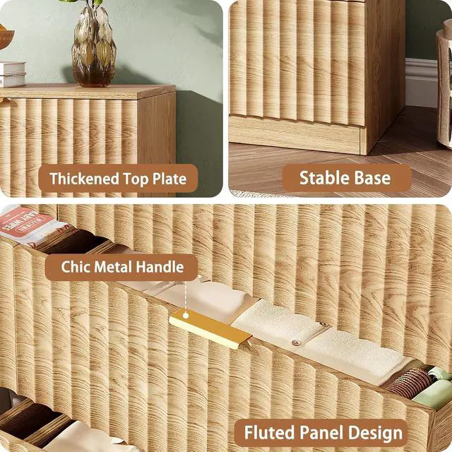 Alt view image 4 of 7 - 47.2" Wide Fluted 6 Drawer Dresser for Bedroom, Natural | Modern Dresser for Closet with Metal Handle, Wooden Chest of Drawers for Bedroom, Living Room, Hallway