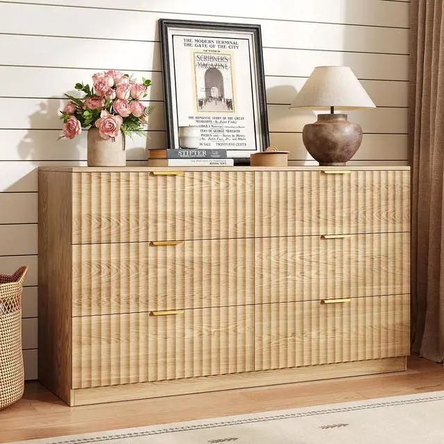 Main image of 47.2" Wide Fluted 6 Drawer Dresser for Bedroom, Natural | Modern Dresser for Closet with Metal Handle, Wooden Chest of Drawers for Bedroom, Living Room, Hallway