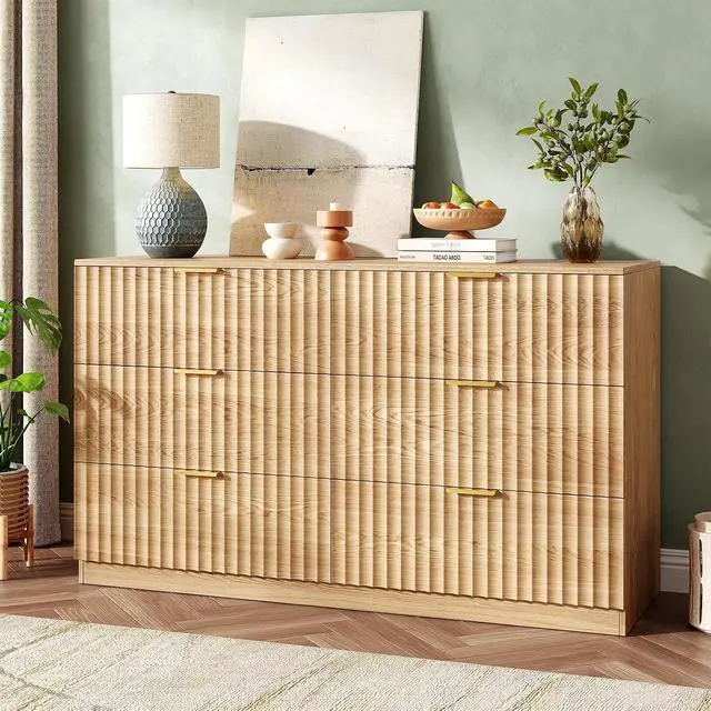 Alt view image 3 of 7 - 47.2" Wide Fluted 6 Drawer Dresser for Bedroom, Natural | Modern Dresser for Closet with Metal Handle, Wooden Chest of Drawers for Bedroom, Living Room, Hallway