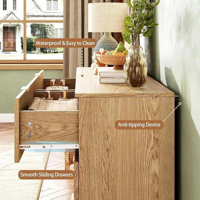 Alt view image 5 of 7 - 47.2" Wide Fluted 6 Drawer Dresser for Bedroom, Natural | Modern Dresser for Closet with Metal Handle, Wooden Chest of Drawers for Bedroom, Living Room, Hallway