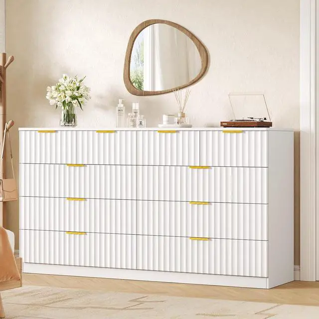 Main image of 55.1" Wide Fluted 10 Drawer Dresser for Bedroom, White | Modern Dresser for Closet with Metal Handle, Wooden Chest of Drawers for Bedroom, Living Room, Hallway