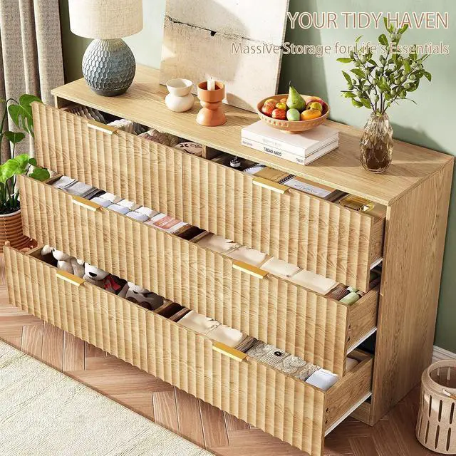 Alt view image 6 of 7 - 47.2" Wide Fluted 6 Drawer Dresser for Bedroom, Natural | Modern Dresser for Closet with Metal Handle, Wooden Chest of Drawers for Bedroom, Living Room, Hallway