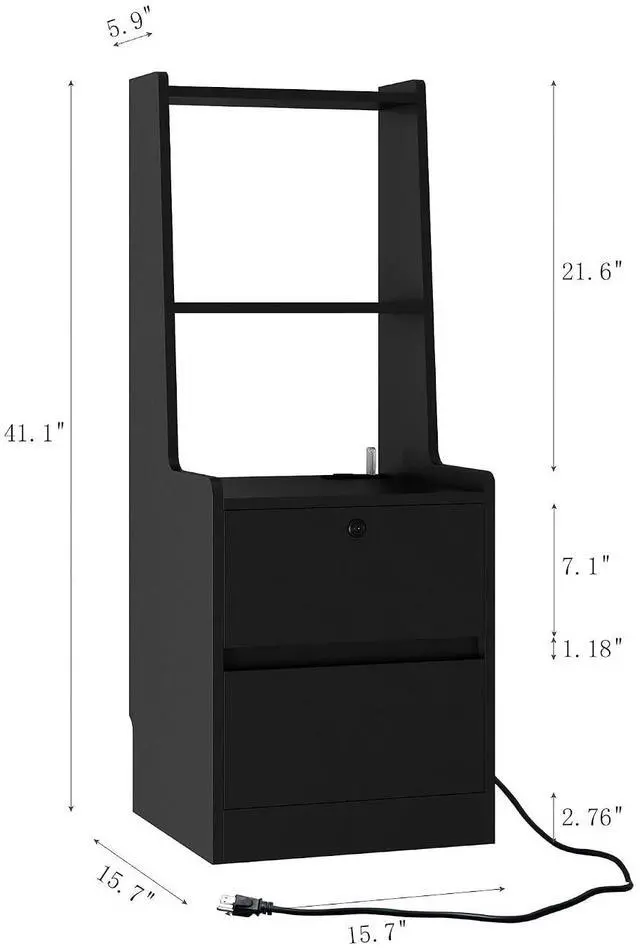 Alt view image 2 of 7 - Tall Nightstand with Charging Station, 41" Walnut Bookshelf Nightstand with Night Light, Bed Bedside Tables with Shelves and Drawers for Bedroom, Dorm, Living Room, Black