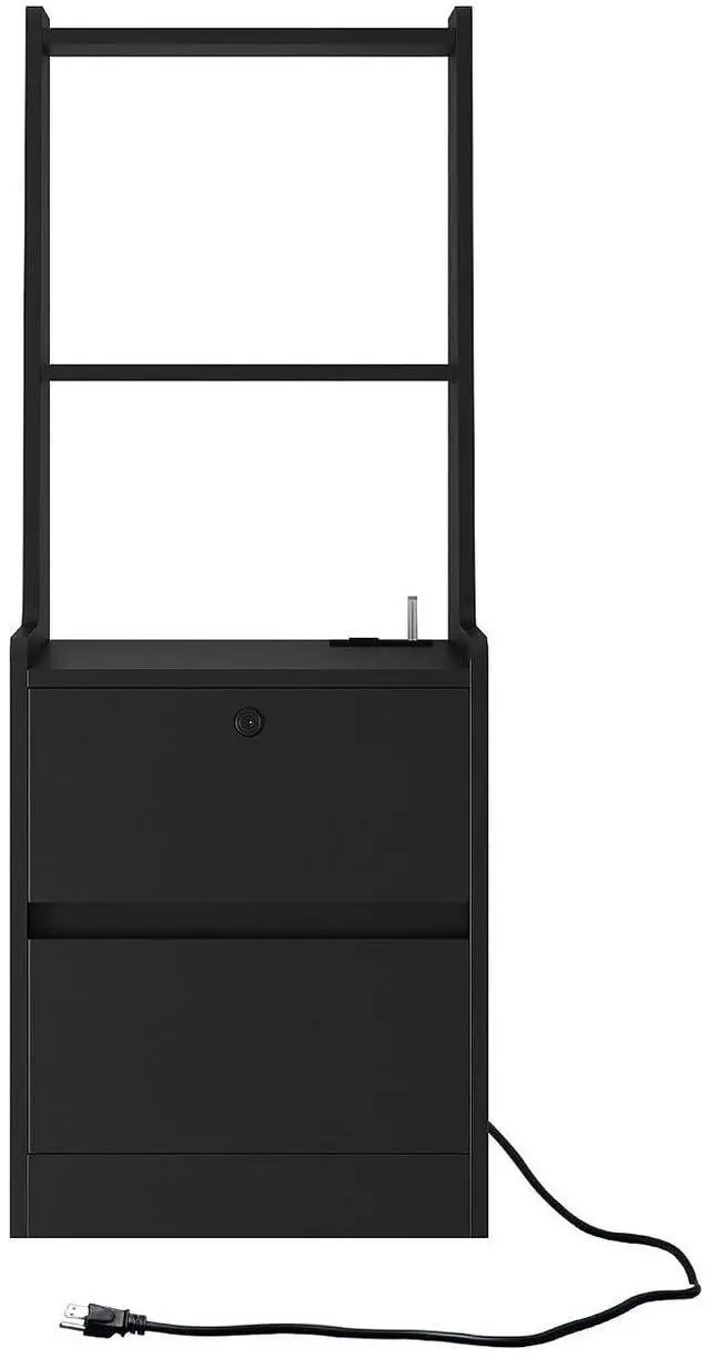 Alt view image 3 of 7 - Tall Nightstand Nightstands Set of 2 with Charging Station, 41" Walnut Bookshelf Nightstand with Night Light, Bed Bedside Tables with Shelves and Drawers for Bedroom, Dorm, Living Room, Black