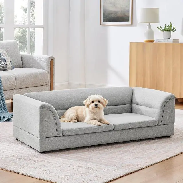 Alt view image 2 of 7 - Elevated Large Dog Bed with 2 Removable Cushion, Light Gray | Raised Pet Sofa with Washable Cushion Cover, Furniture Style Linen Fabric Dog Couch for Large Dogs, 100lbs Load Capacity