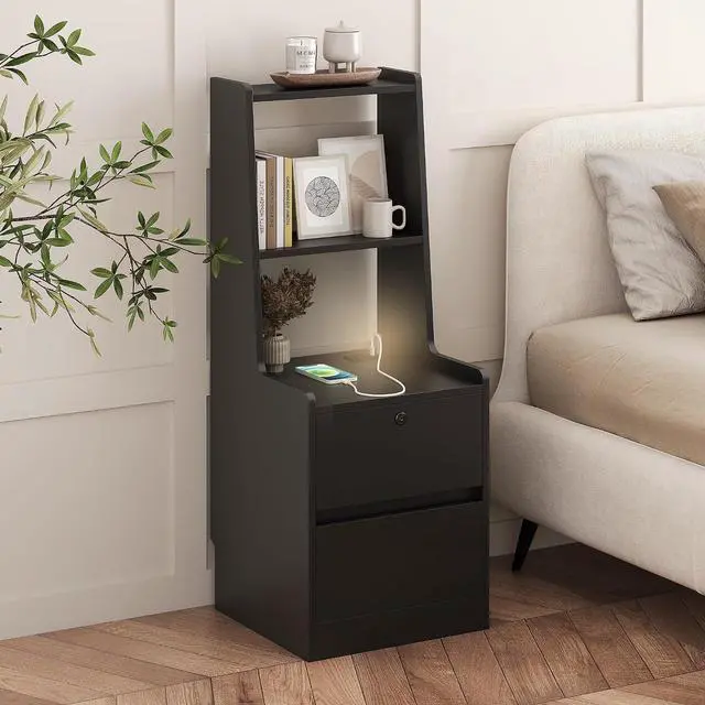 Alt view image 3 of 7 - Tall Nightstand with Charging Station, 41" Walnut Bookshelf Nightstand with Night Light, Bed Bedside Tables with Shelves and Drawers for Bedroom, Dorm, Living Room, Black