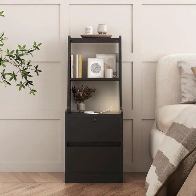 Alt view image 4 of 7 - Tall Nightstand with Charging Station, 41" Walnut Bookshelf Nightstand with Night Light, Bed Bedside Tables with Shelves and Drawers for Bedroom, Dorm, Living Room, Black
