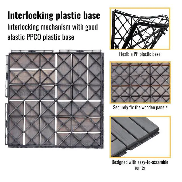 Alt view image 6 of 7 - 30PCS Wooden Interlocking Deck Tiles,12" x 12" Square Floor Tiles, Modular Acacia Hardwood Patio Flooring Mats Outdoor Waterproof,Garage Floor Tiles for Bancony,Pool Side,Checker Pattern,Gray
