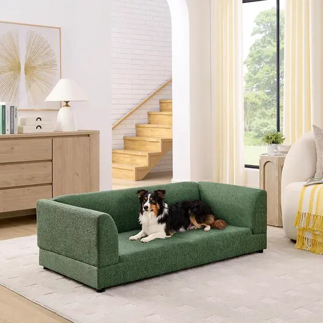 Alt view image 2 of 7 - Elevated XL Dog Bed with Soft Tufted Backrest and Armrest, Olive Green | Raised Dog Couch for Large and X Large Dogs, Linen Upholstered Comfy Pet Furniture with Legs, 120lbs Weight Capacity