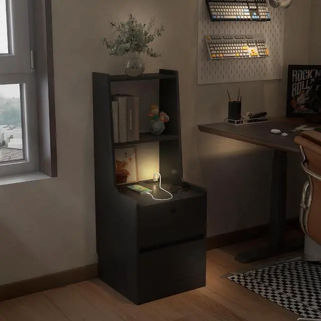 Alt view image 5 of 7 - Tall Nightstand with Charging Station, 41" Walnut Bookshelf Nightstand with Night Light, Bed Bedside Tables with Shelves and Drawers for Bedroom, Dorm, Living Room, Black
