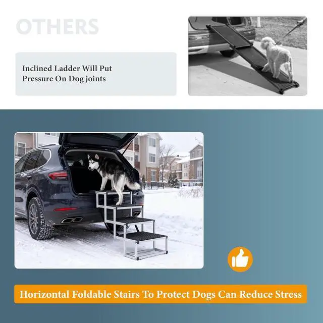 Alt view image 4 of 7 - Foldable Dog Stairs for Car, Lightweight Dog Steps for Medium & Large Dogs, 4 Steps Folding Pet Ramp with Non-Slip Surface & Aluminium Frame for SUV, Truck, Supports Up to 250lbs, Black Carpet