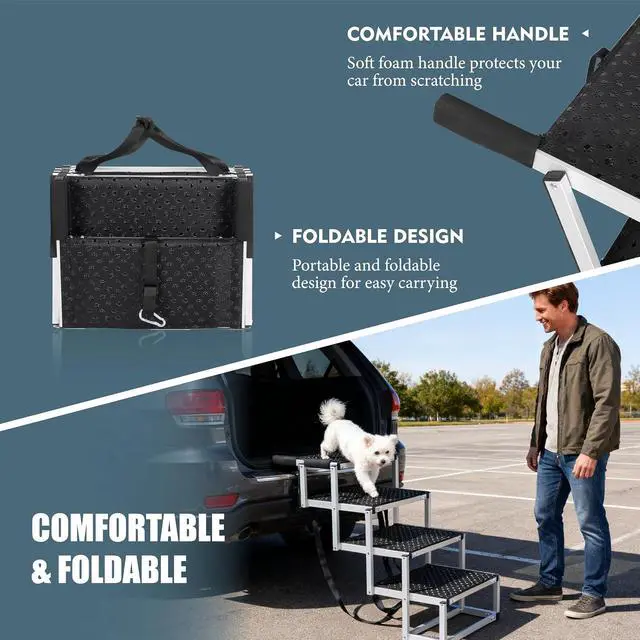 Alt view image 2 of 7 - Foldable Dog Stairs for Car, Lightweight Dog Steps for Medium & Large Dogs, 4 Steps Folding Pet Ramp with Non-Slip Surface & Aluminium Frame for SUV, Truck, Supports Up to 250lbs, Black Carpet