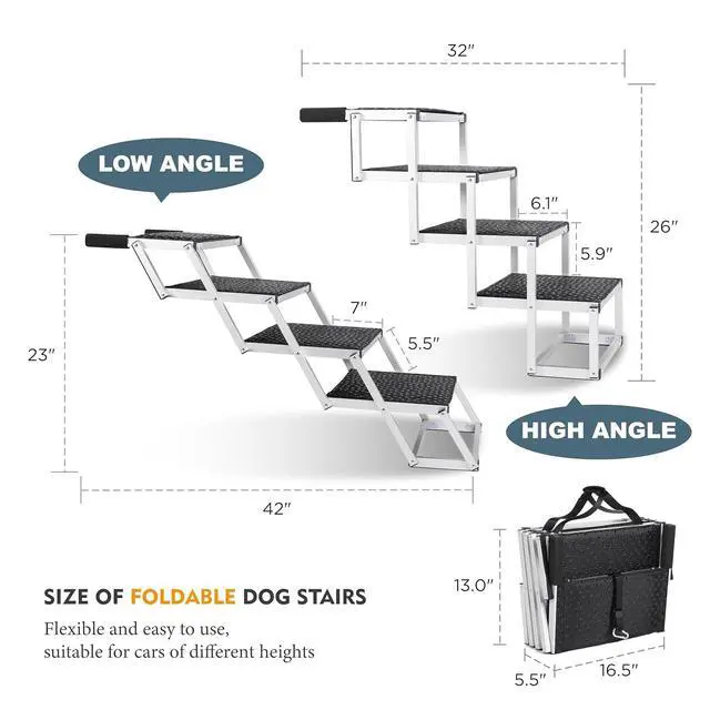 Alt view image 3 of 7 - Foldable Dog Stairs for Car, Lightweight Dog Steps for Medium & Large Dogs, 4 Steps Folding Pet Ramp with Non-Slip Surface & Aluminium Frame for SUV, Truck, Supports Up to 250lbs, Black Carpet