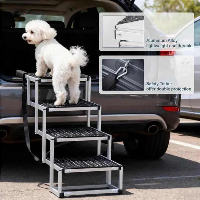 Alt view image 5 of 7 - Foldable Dog Stairs for Car, Lightweight Dog Steps for Medium & Large Dogs, 4 Steps Folding Pet Ramp with Non-Slip Surface & Aluminium Frame for SUV, Truck, Supports Up to 250lbs, Black Carpet