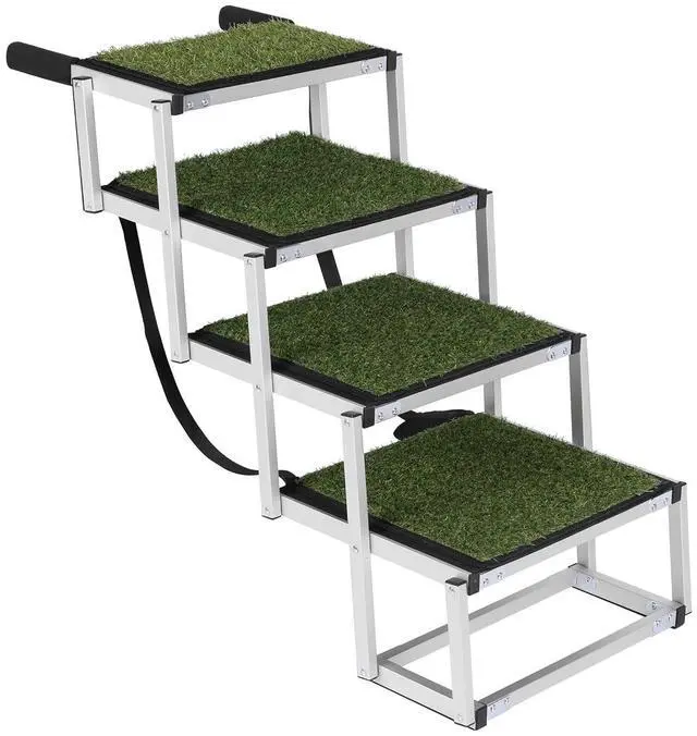 Main image of Foldable Dog Stairs for Car, Lightweight Dog Steps for Medium & Large Dogs, 4 Steps Folding Pet Ramp with Non-Slip Surface & Aluminium Frame for SUV, Truck, Supports Up to 250lbs, Green Carpet