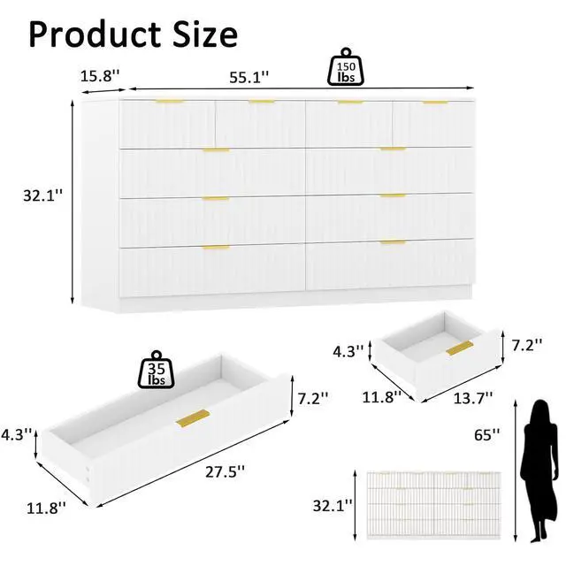 Alt view image 2 of 7 - 55.1" Wide Fluted 10 Drawer Dresser for Bedroom, White | Modern Dresser for Closet with Metal Handle, Wooden Chest of Drawers for Bedroom, Living Room, Hallway