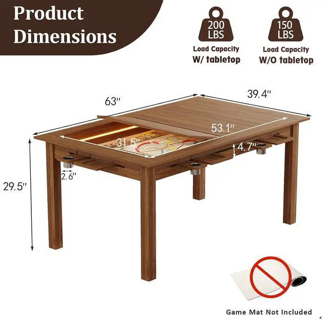 Alt view image 2 of 7 - Board Game Table with Led Lights,63" Dining/Gaming Table, Walnut | Seats 4 to 6 Players, RGB LED Lights, 6 Cup Holders & Trays, 53in x 31.5in Play Area, Removable Top, Game Mat Not Included