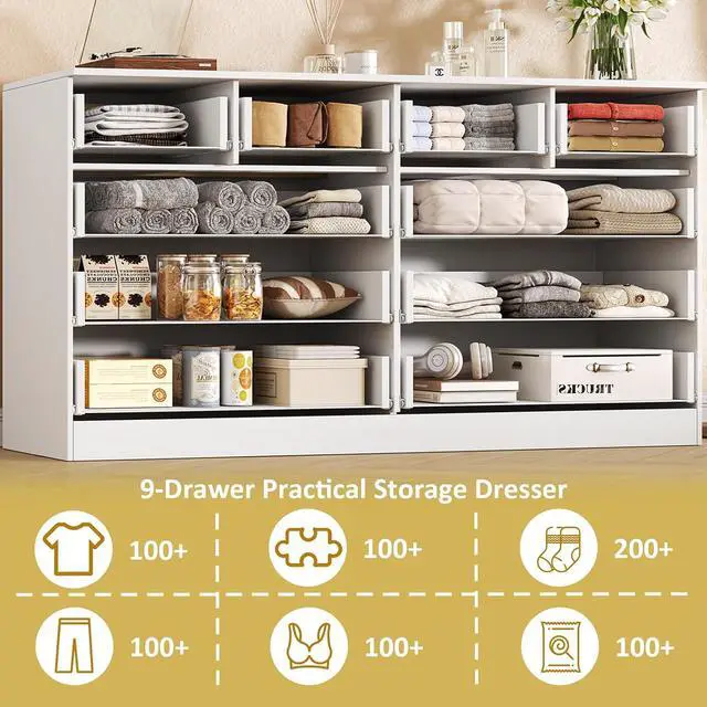 Alt view image 5 of 7 - 55.1" Wide Fluted 10 Drawer Dresser for Bedroom, White | Modern Dresser for Closet with Metal Handle, Wooden Chest of Drawers for Bedroom, Living Room, Hallway
