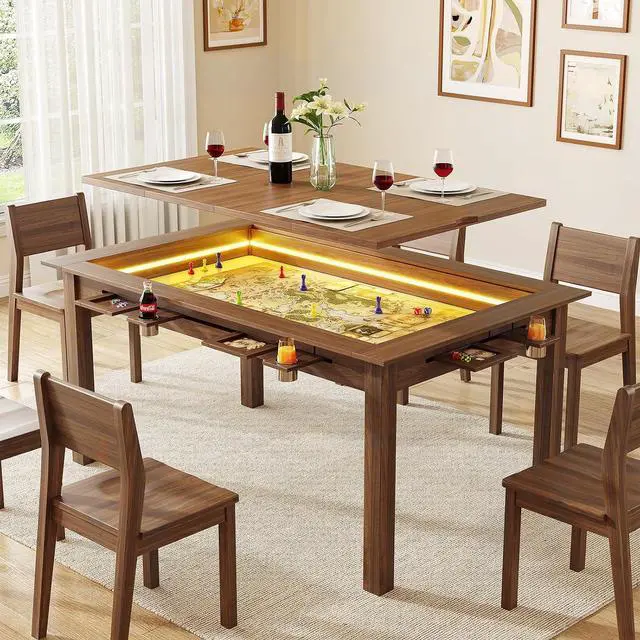 Main image of Board Game Table with Led Lights,63" Dining/Gaming Table, Walnut | Seats 4 to 6 Players, RGB LED Lights, 6 Cup Holders & Trays, 53in x 31.5in Play Area, Removable Top, Game Mat Not Included