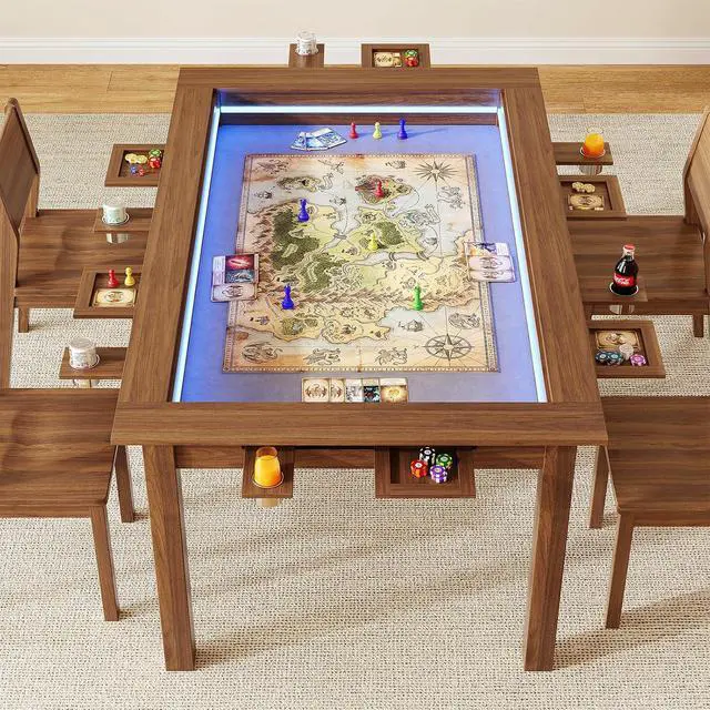 Alt view image 3 of 7 - Board Game Table with Led Lights,63" Dining/Gaming Table, Walnut | Seats 4 to 6 Players, RGB LED Lights, 6 Cup Holders & Trays, 53in x 31.5in Play Area, Removable Top, Game Mat Not Included