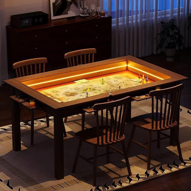 Alt view image 4 of 7 - Board Game Table with Led Lights,63" Dining/Gaming Table, Walnut | Seats 4 to 6 Players, RGB LED Lights, 6 Cup Holders & Trays, 53in x 31.5in Play Area, Removable Top, Game Mat Not Included