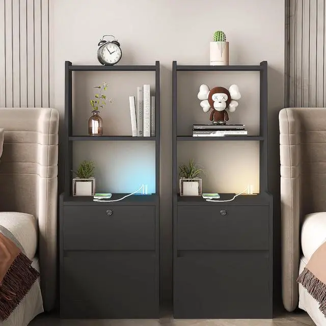 Alt view image 6 of 7 - Tall Nightstand with Charging Station, 41" Walnut Bookshelf Nightstand with Night Light, Bed Bedside Tables with Shelves and Drawers for Bedroom, Dorm, Living Room, Black