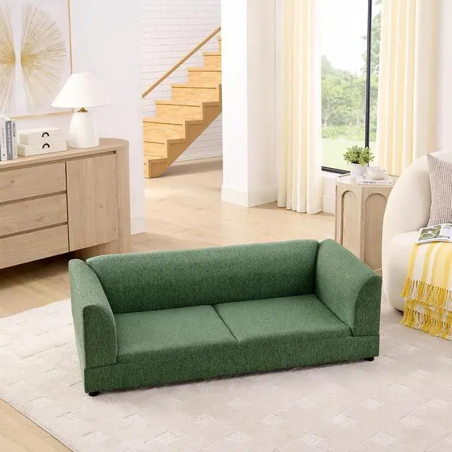 Alt view image 3 of 7 - Elevated XL Dog Bed with Soft Tufted Backrest and Armrest, Olive Green | Raised Dog Couch for Large and X Large Dogs, Linen Upholstered Comfy Pet Furniture with Legs, 120lbs Weight Capacity