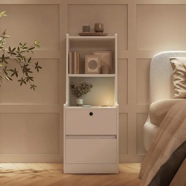 Alt view image 2 of 7 - Tall Nightstand with Charging Station, 41" Walnut Bookshelf Nightstand with Night Light, Bed Bedside Tables with Shelves and Drawers for Bedroom, Dorm, Living Room, White