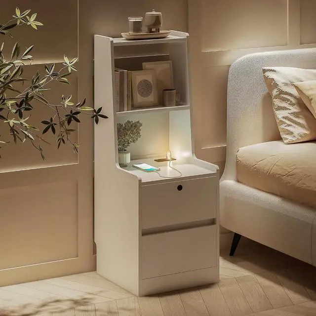 Alt view image 3 of 7 - Tall Nightstand with Charging Station, 41" Walnut Bookshelf Nightstand with Night Light, Bed Bedside Tables with Shelves and Drawers for Bedroom, Dorm, Living Room, White