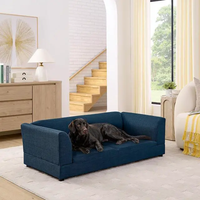 Main image of Elevated XL Dog Bed with Soft Tufted Backrest and Armrest, Dark Blue | Raised Dog Couch for Large and X Large Dogs, Linen Upholstered Comfy Pet Furniture with Legs, 120lbs Weight Capacity