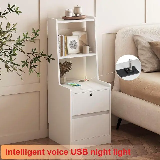 Alt view image 4 of 7 - Tall Nightstand with Charging Station, 41" Walnut Bookshelf Nightstand with Night Light, Bed Bedside Tables with Shelves and Drawers for Bedroom, Dorm, Living Room, White