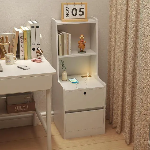 Alt view image 6 of 7 - Tall Nightstand with Charging Station, 41" Walnut Bookshelf Nightstand with Night Light, Bed Bedside Tables with Shelves and Drawers for Bedroom, Dorm, Living Room, White