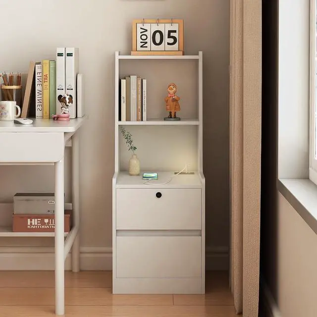 Alt view image 5 of 7 - Tall Nightstand with Charging Station, 41" Walnut Bookshelf Nightstand with Night Light, Bed Bedside Tables with Shelves and Drawers for Bedroom, Dorm, Living Room, White