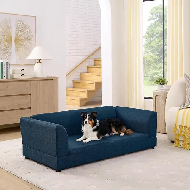 Alt view image 2 of 7 - Elevated XL Dog Bed with Soft Tufted Backrest and Armrest, Dark Blue | Raised Dog Couch for Large and X Large Dogs, Linen Upholstered Comfy Pet Furniture with Legs, 120lbs Weight Capacity