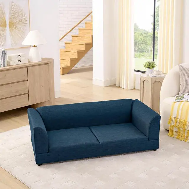 Alt view image 3 of 7 - Elevated XL Dog Bed with Soft Tufted Backrest and Armrest, Dark Blue | Raised Dog Couch for Large and X Large Dogs, Linen Upholstered Comfy Pet Furniture with Legs, 120lbs Weight Capacity