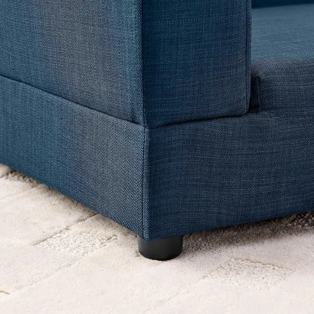 Alt view image 5 of 7 - Elevated XL Dog Bed with Soft Tufted Backrest and Armrest, Dark Blue | Raised Dog Couch for Large and X Large Dogs, Linen Upholstered Comfy Pet Furniture with Legs, 120lbs Weight Capacity