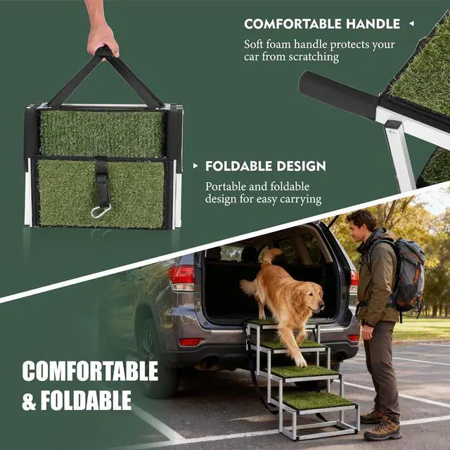 Alt view image 2 of 7 - Foldable Dog Stairs for Car, Lightweight Dog Steps for Medium & Large Dogs, 4 Steps Folding Pet Ramp with Non-Slip Surface & Aluminium Frame for SUV, Truck, Supports Up to 250lbs, Green Carpet