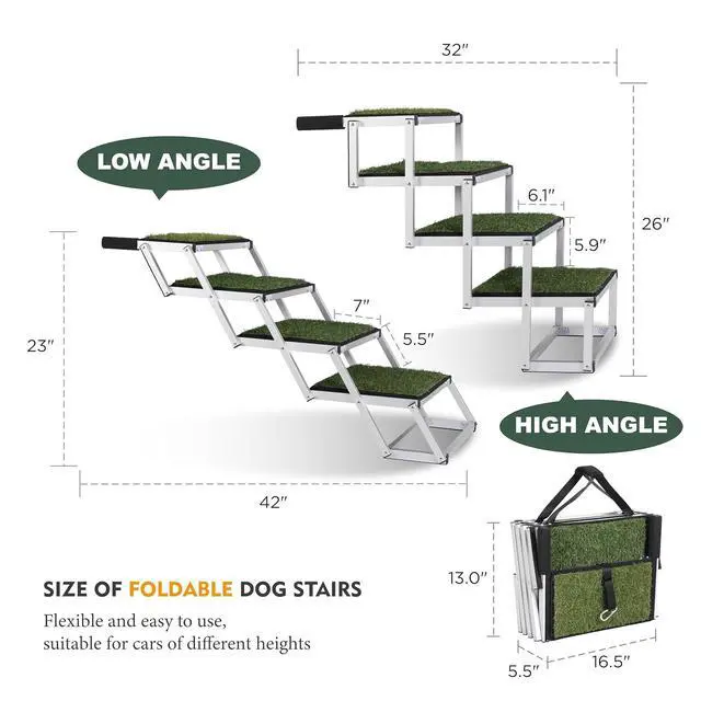 Alt view image 3 of 7 - Foldable Dog Stairs for Car, Lightweight Dog Steps for Medium & Large Dogs, 4 Steps Folding Pet Ramp with Non-Slip Surface & Aluminium Frame for SUV, Truck, Supports Up to 250lbs, Green Carpet