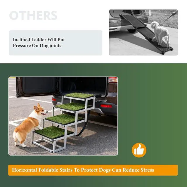 Alt view image 4 of 7 - Foldable Dog Stairs for Car, Lightweight Dog Steps for Medium & Large Dogs, 4 Steps Folding Pet Ramp with Non-Slip Surface & Aluminium Frame for SUV, Truck, Supports Up to 250lbs, Green Carpet