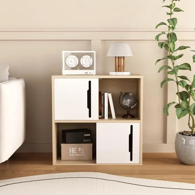 Alt view image 3 of 7 - Wood Bookcase with Sliding Doors, 2 Tier Bedside Bookshelf, Open and Closed Bedroom Shelves Organizer, Modern Storage Cabinet Display Shelf for Living Room, Bedroom, Kids'Room, Natural+White