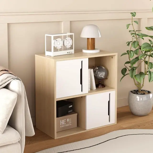 Main image of Wood Bookcase with Sliding Doors, 2 Tier Bedside Bookshelf, Open and Closed Bedroom Shelves Organizer, Modern Storage Cabinet Display Shelf for Living Room, Bedroom, Kids'Room, Natural+White