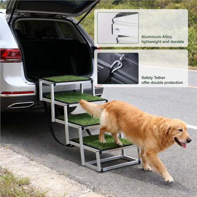 Alt view image 5 of 7 - Foldable Dog Stairs for Car, Lightweight Dog Steps for Medium & Large Dogs, 4 Steps Folding Pet Ramp with Non-Slip Surface & Aluminium Frame for SUV, Truck, Supports Up to 250lbs, Green Carpet